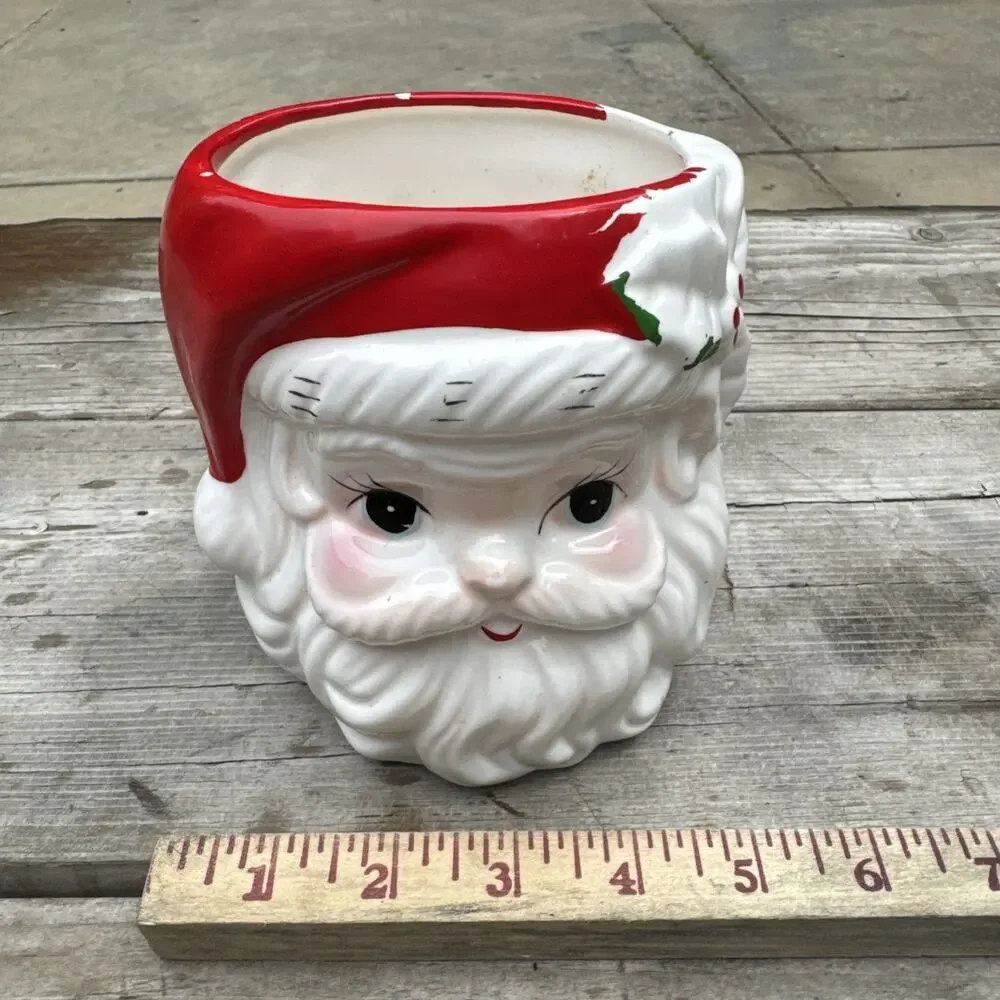 Vintage Ceramic Santa Head Planter Christmas Vase No Handle Holly 6 In